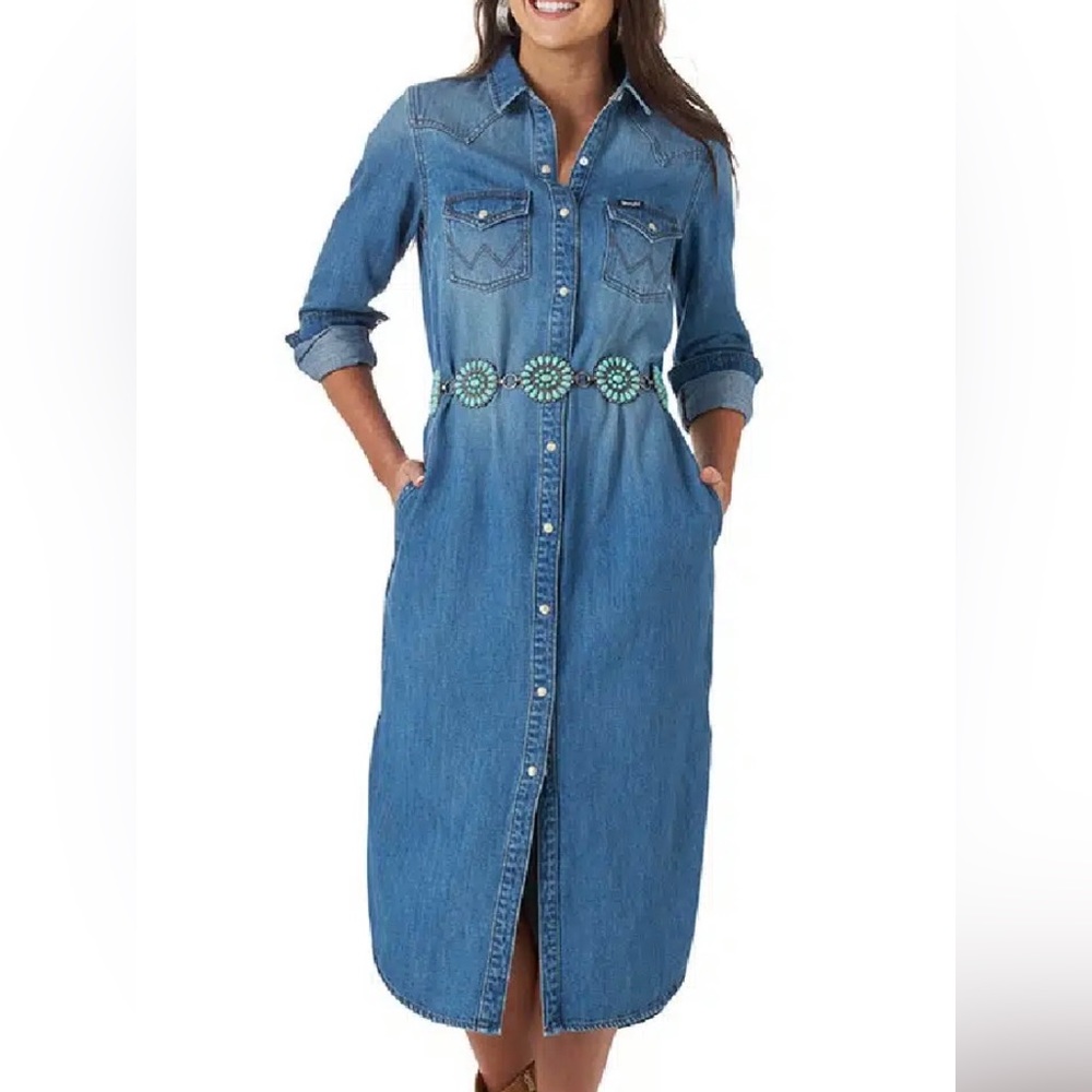 Wrangler Retro blue denim snap front long sleeve shirt dress L